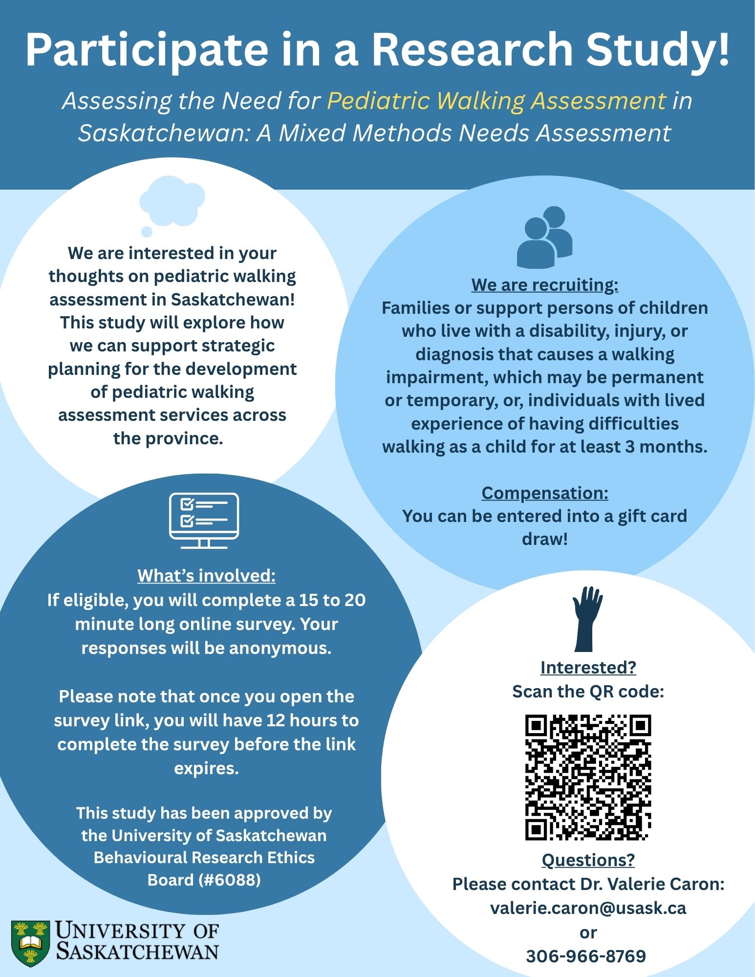 University of Saskatchewan pediatric walking assessment research study poster for families and support persons of children with walking impairments in Saskatchewan
