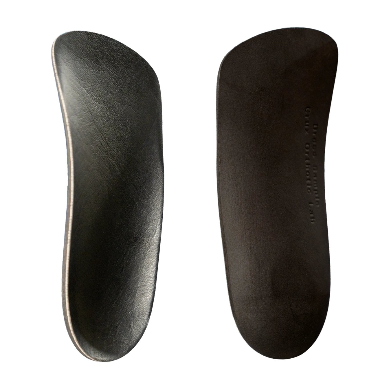Pair of slim three-quarter length dress foot orthotics for low-volume shoes