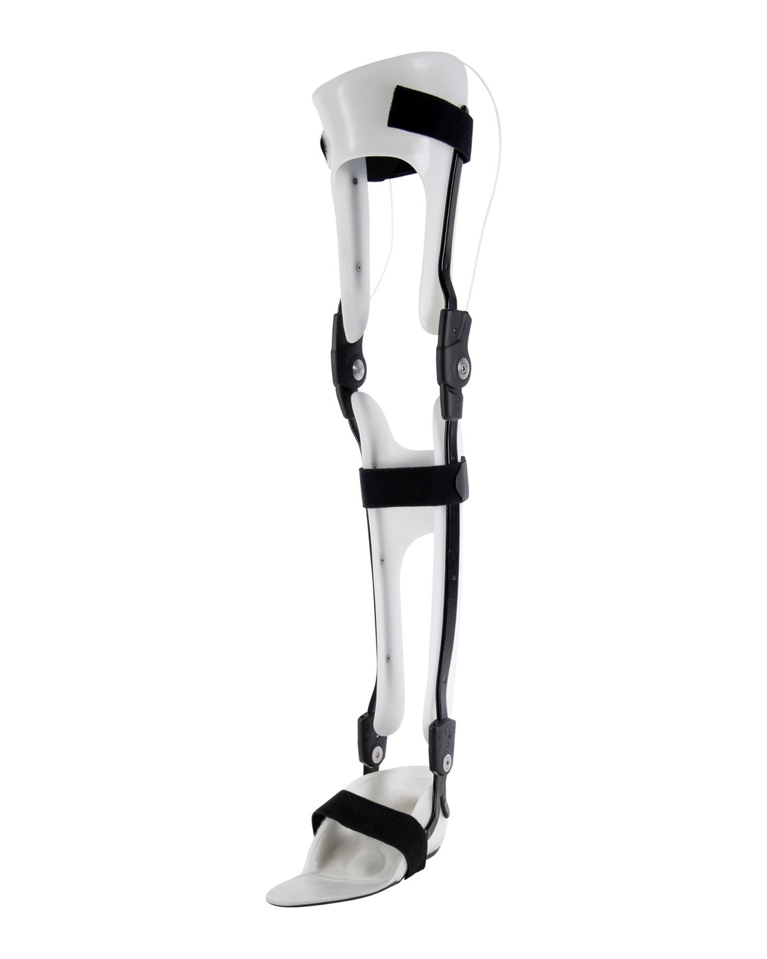 Knee ankle foot orthosis with white plastic shells and metal side bars and joints