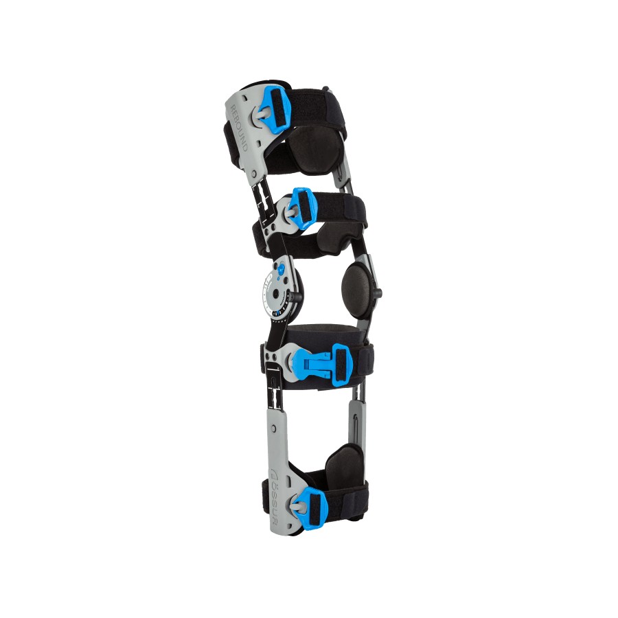 Hinged post-op knee brace with adjustable range of motion, used after knee surgery