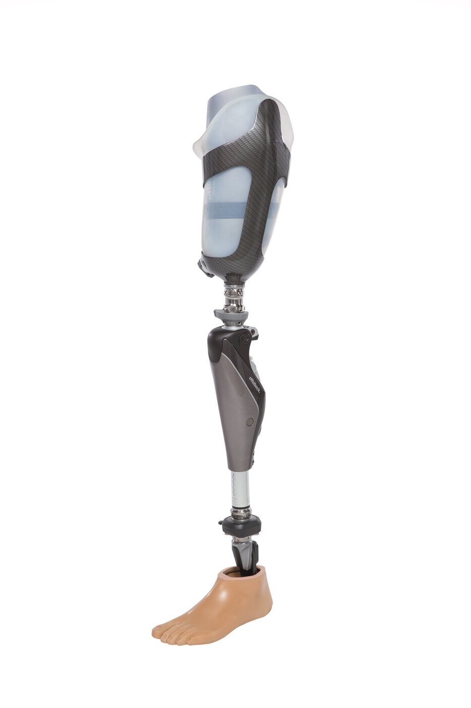 Above knee prosthesis with socket, microprocessor knee, pylon and foot