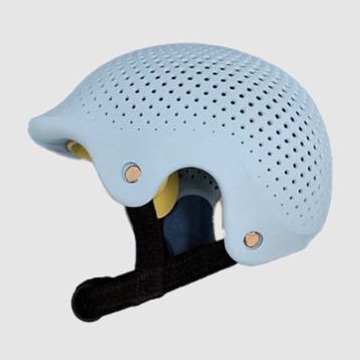 Light blue custom 3D printed protective helmet shown from the side, with padding and a chin strap, Talee Protect by Invent Medical