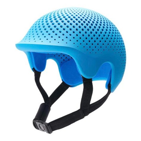 Blue custom 3D printed protective helmet with air holes and a padded chin strap, Talee Protect by Invent Medical
