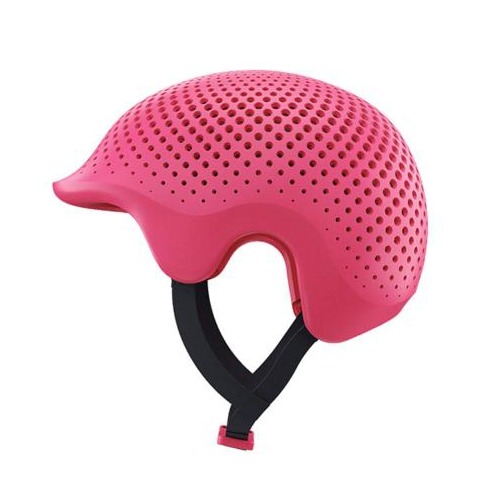 Pink custom 3D printed protective helmet shown from the side, with air holes and a chin strap, Talee Protect by Invent Medical