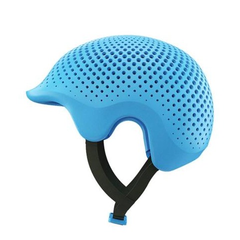 Blue custom 3D printed protective helmet shown from the side with a chin strap, Talee Protect by Invent Medical