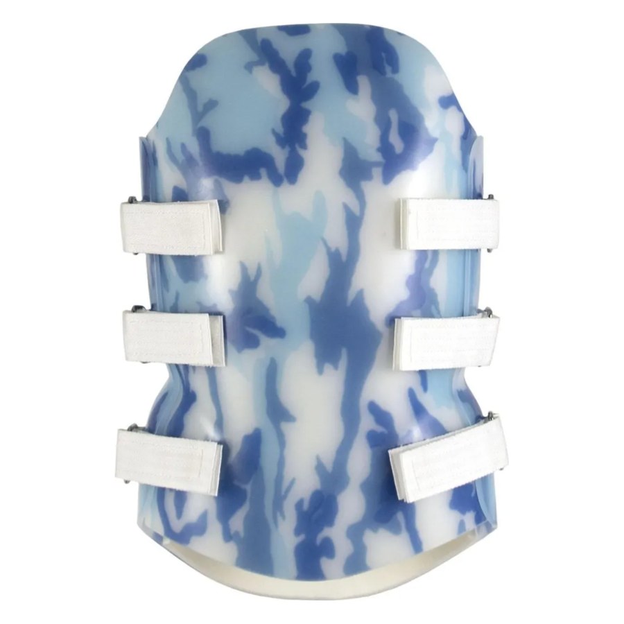 Blue camouflage patterned custom TLSO back brace with side straps