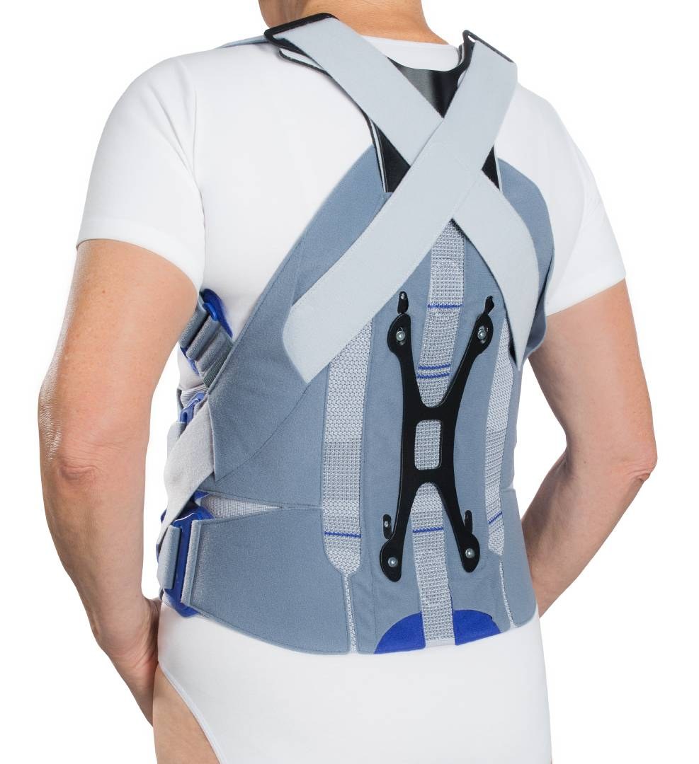 Back view of a firmer back brace with a shaped back frame and crossed shoulder straps, used for osteoporosis and kyphosis