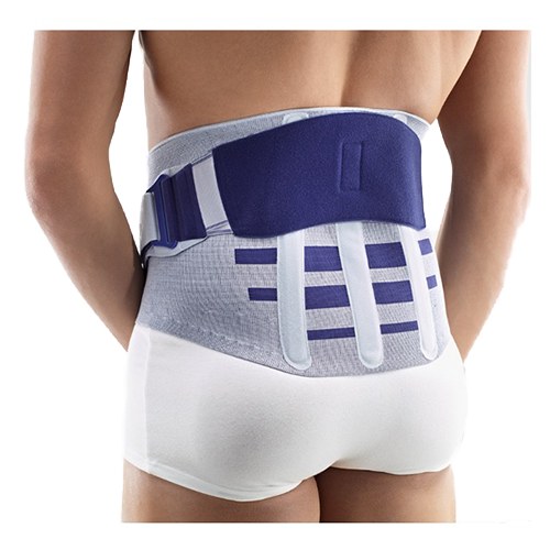 Lower back brace (lumbosacral orthosis) with a firm back panel and wrap-around belt