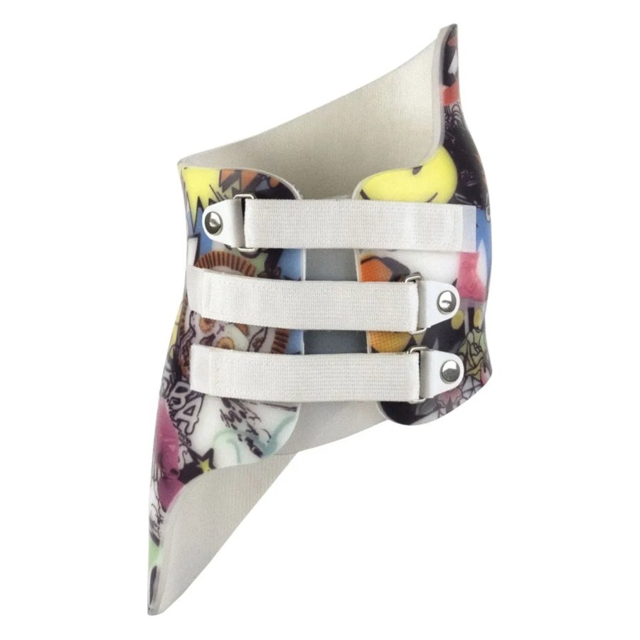 Colourful patterned night-time scoliosis brace with three front straps
