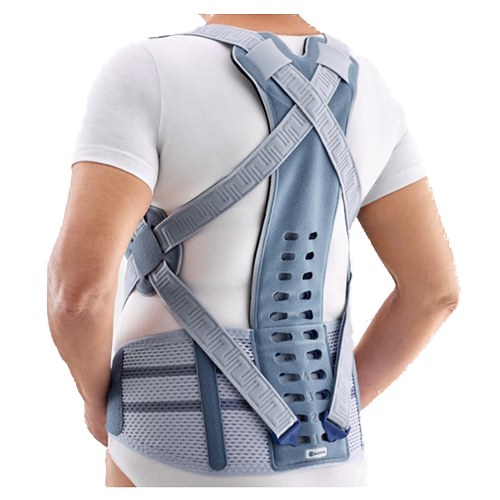 Lightweight posture back brace with a shaped back frame, pelvic belt and crossed shoulder straps, used for kyphosis and osteoporosis