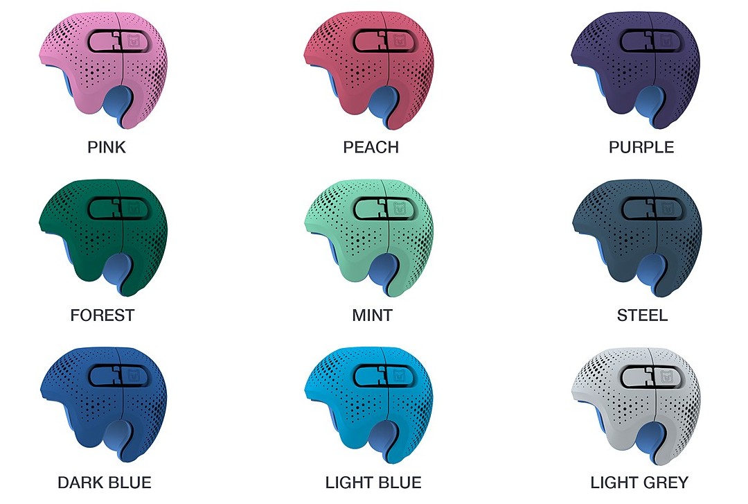 Talee baby helmet colour options: pink, peach, purple, forest, mint, steel, dark blue, light blue and light grey